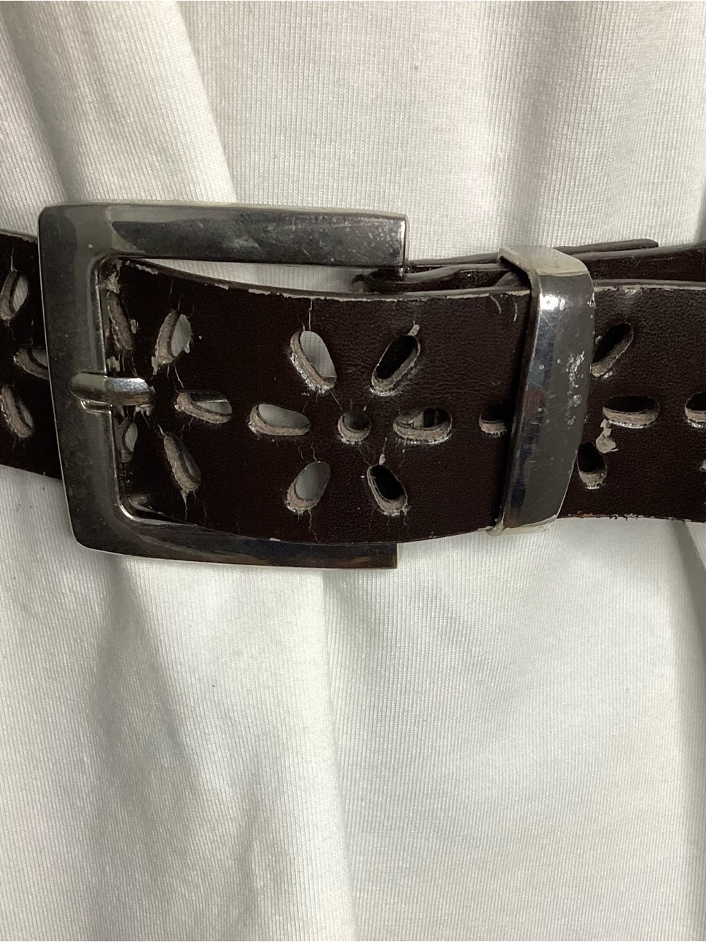Vintage Brown Floral Cutout Belt with Silver Hardware S Up to 36”